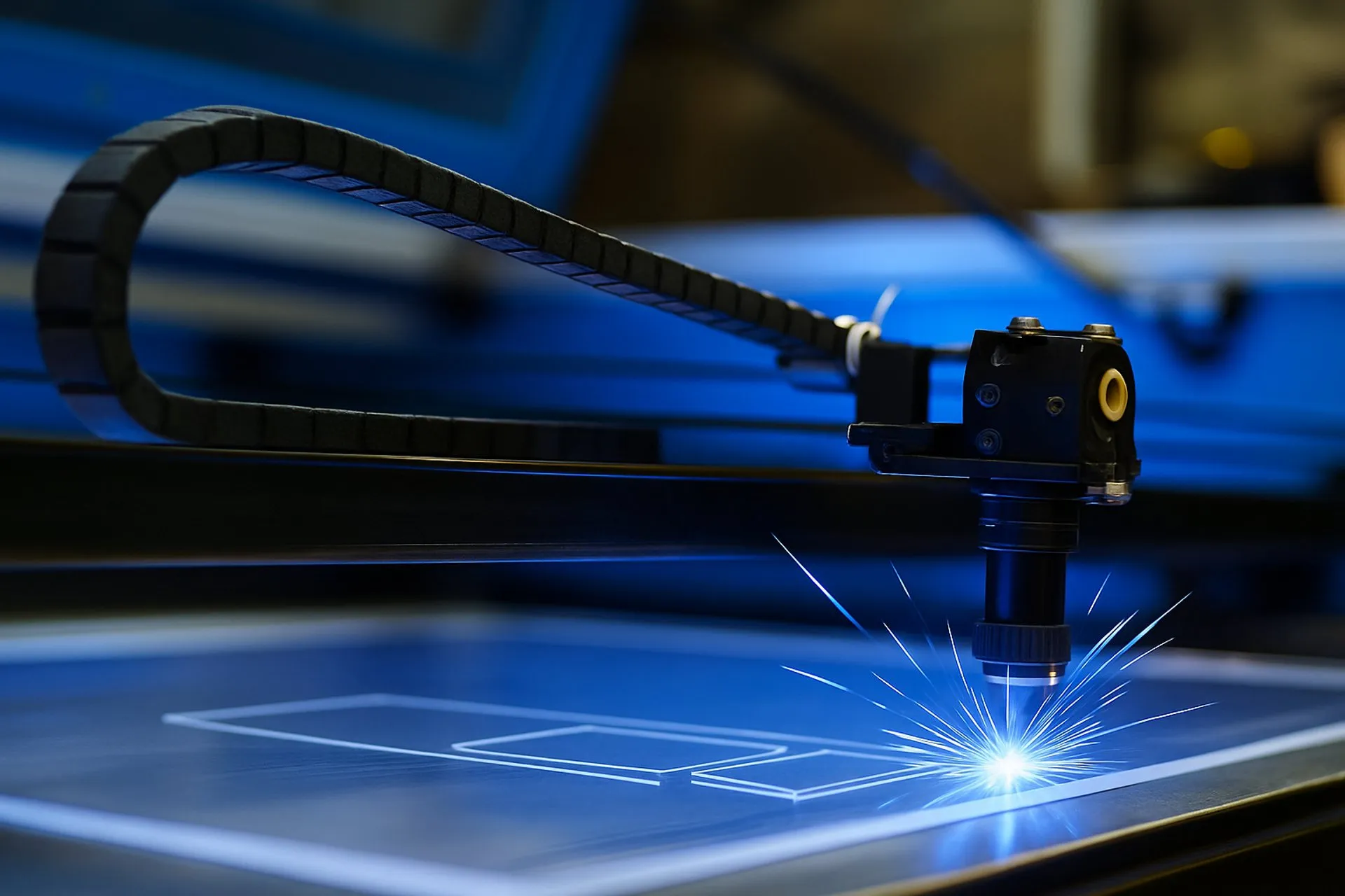 Máquina de corte a laser industrial CO2 processando chapa de acrílico cristal em Curitiba